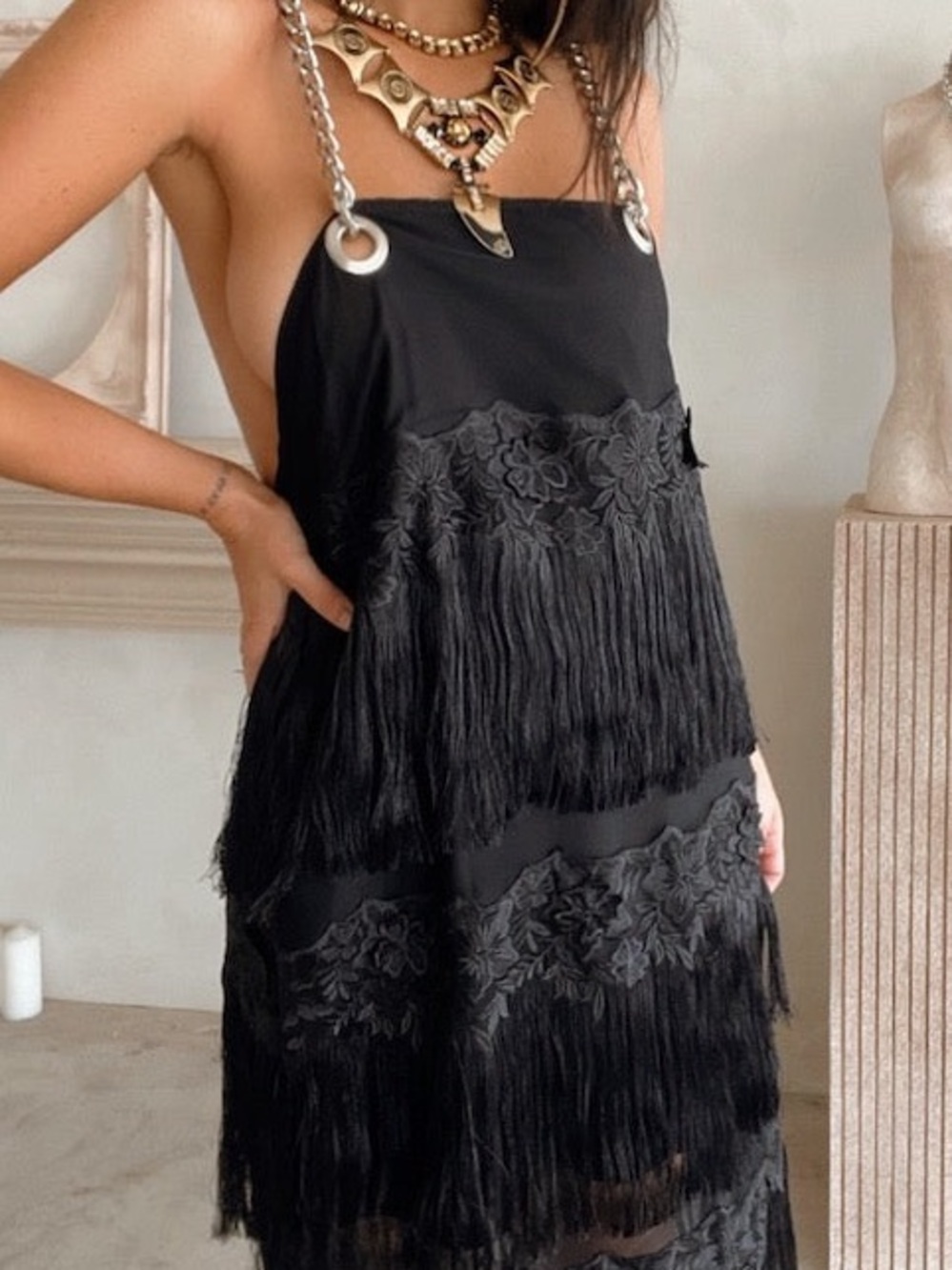 Dylanlex Dlex Tan Chain Strap Fringe Satin Midi Dress Women’s Size XXL NEW - Picture 2 of 10